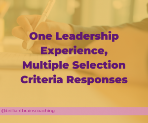One leadership experience, multiple selection criteria responses on a yellow background